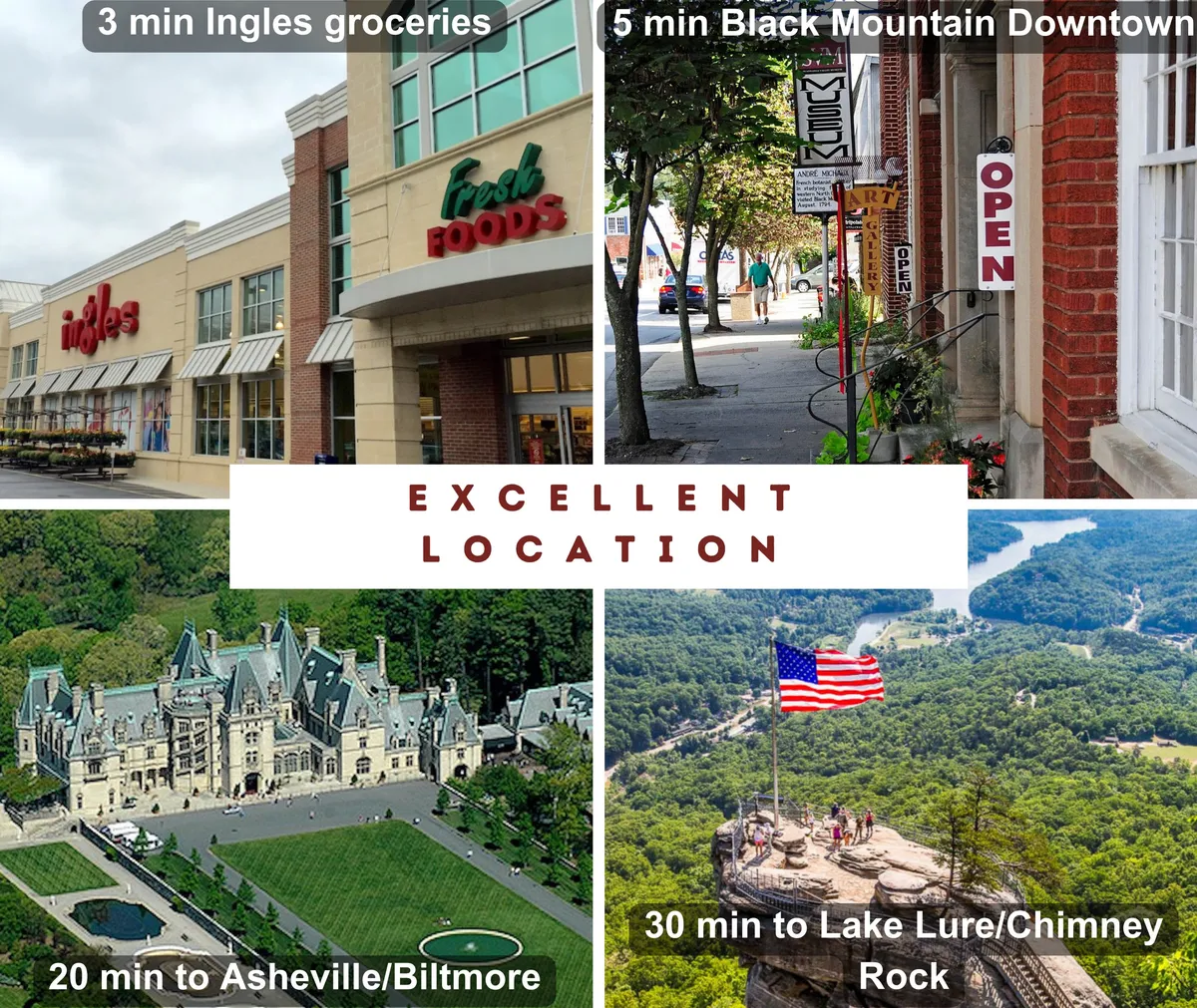 A vibrant collage of local attractions including Ingles grocery store, the heart of Black Mountain Downtown, the historic Biltmore Estate, and scenic Lake Lure/Chimney Rock. The visual hints at the variety of artisan discoveries and upmarket destinations nearby, from shopping and historic tours to lakeside adventures.