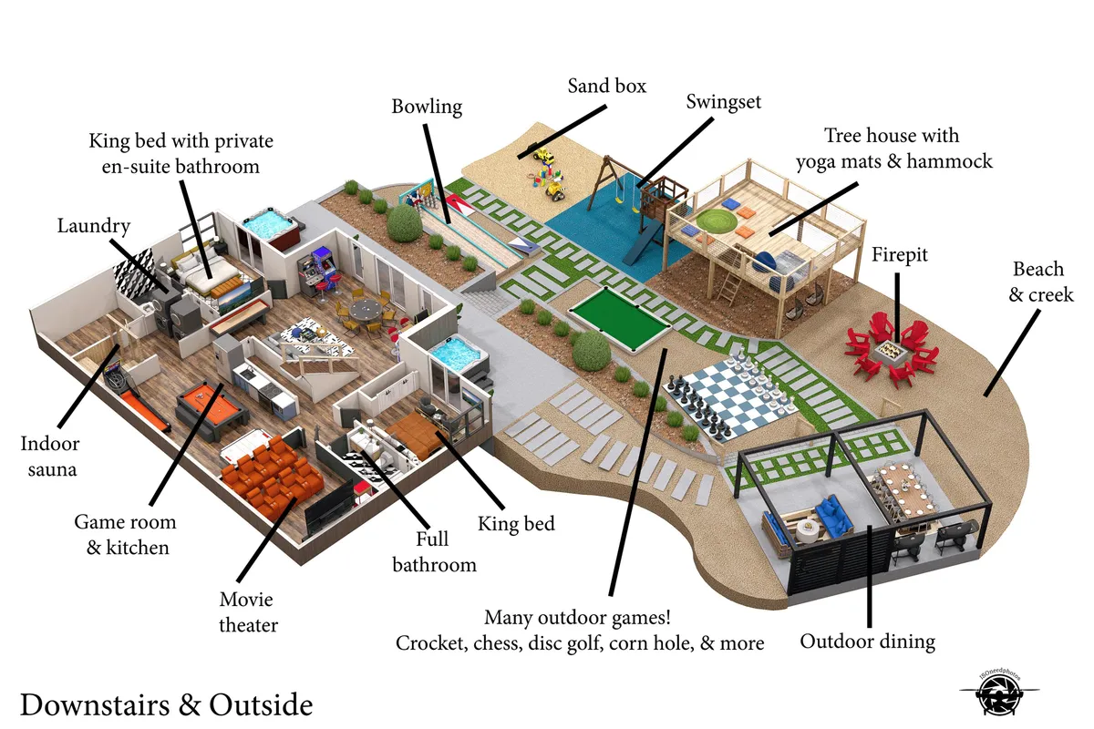 This vibrant exterior scene showcases a large yard with playful features including a bowling area, swingset, firepit, outdoor dining table, and a whimsical tree house. The space is set up for family activities and gatherings, with ample room for kids and pets to roam safely.
